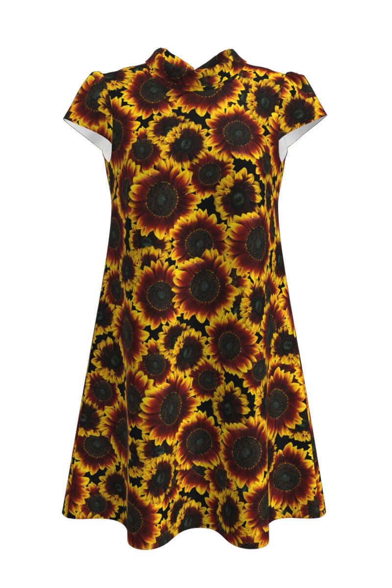 RochieDAMES imprimata digital cu guler tip bărcuţă. Imprimeul digital cu Floarea Soarelui da unicitate rochiei.
