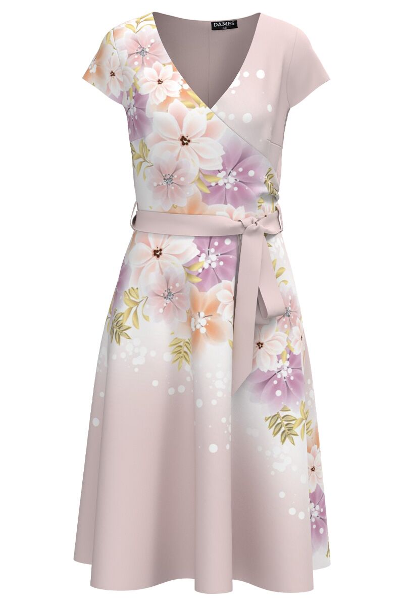 Rochie de vara cu maneca scurta imprimata cu model floral pastelat   CMD4161