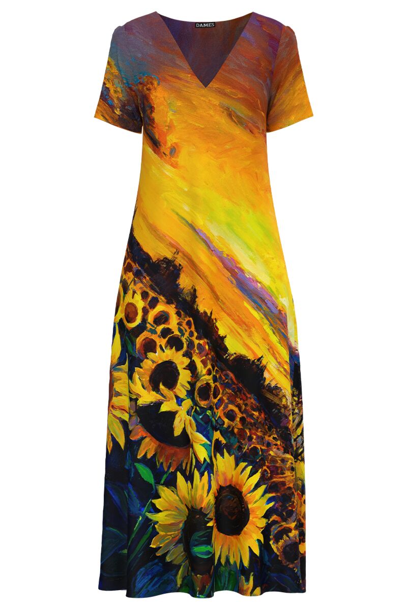 Rochie de vara lunga cu buzunare imprimata  Floarea soarelui  CMD4536