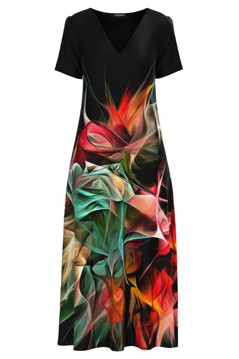 Rochie de vara neagra lunga cu buzunare imprimata Multicolor  