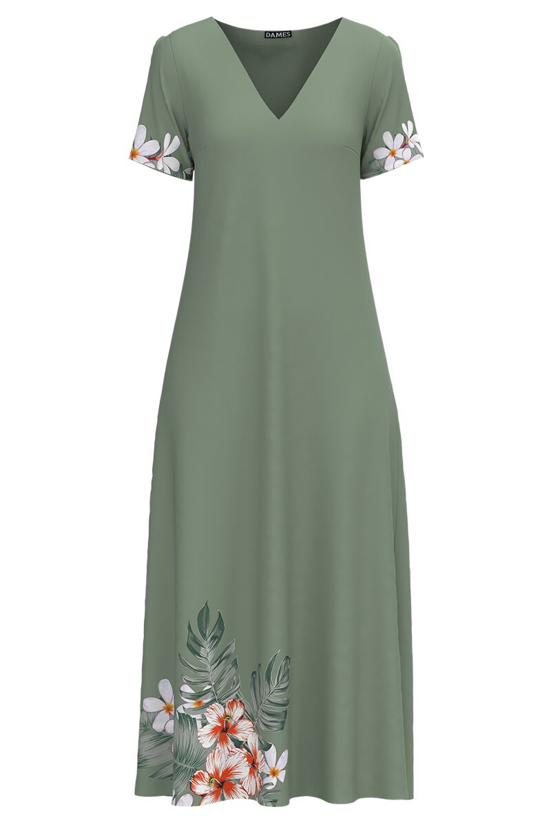 Rochie de vara verde lunga cu buzunare imprimata cu model floral CMD2847