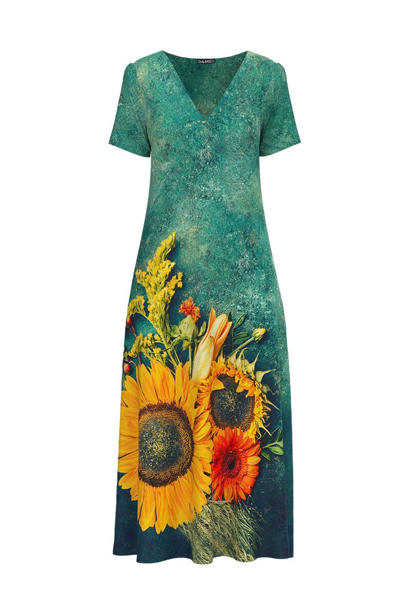 Rochie de vara verde lunga cu buzunare imprimata Floarea Soarelui CMD724