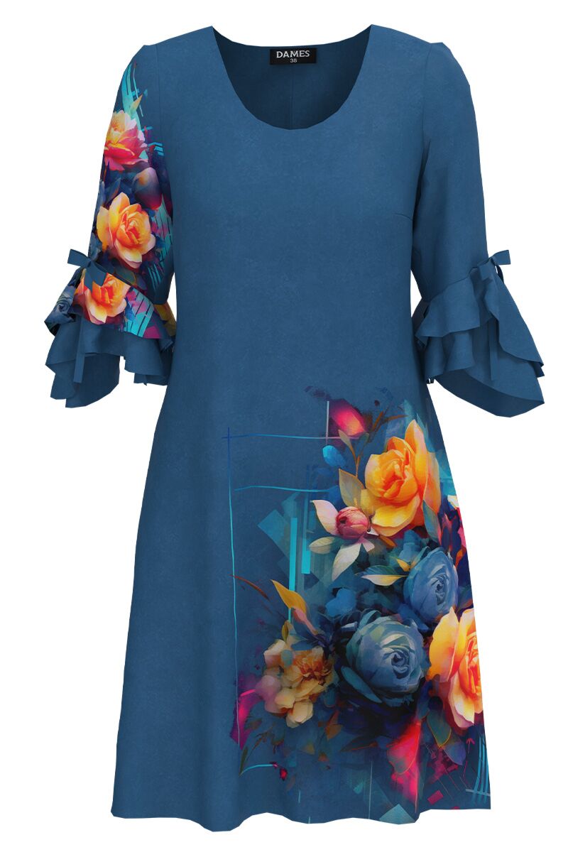 Rochie DAMES eleganta albastra cu un imprimeu floral si maneci trei sferturi cu volane 