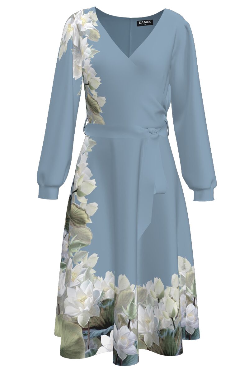 Rochie DAMES eleganta bleu cu maneca lunga imprimata cu model floral Nuferi