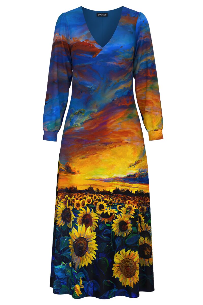 Rochie eleganta cu maneca lunga imprimata Floarea soarelui  CMD4603