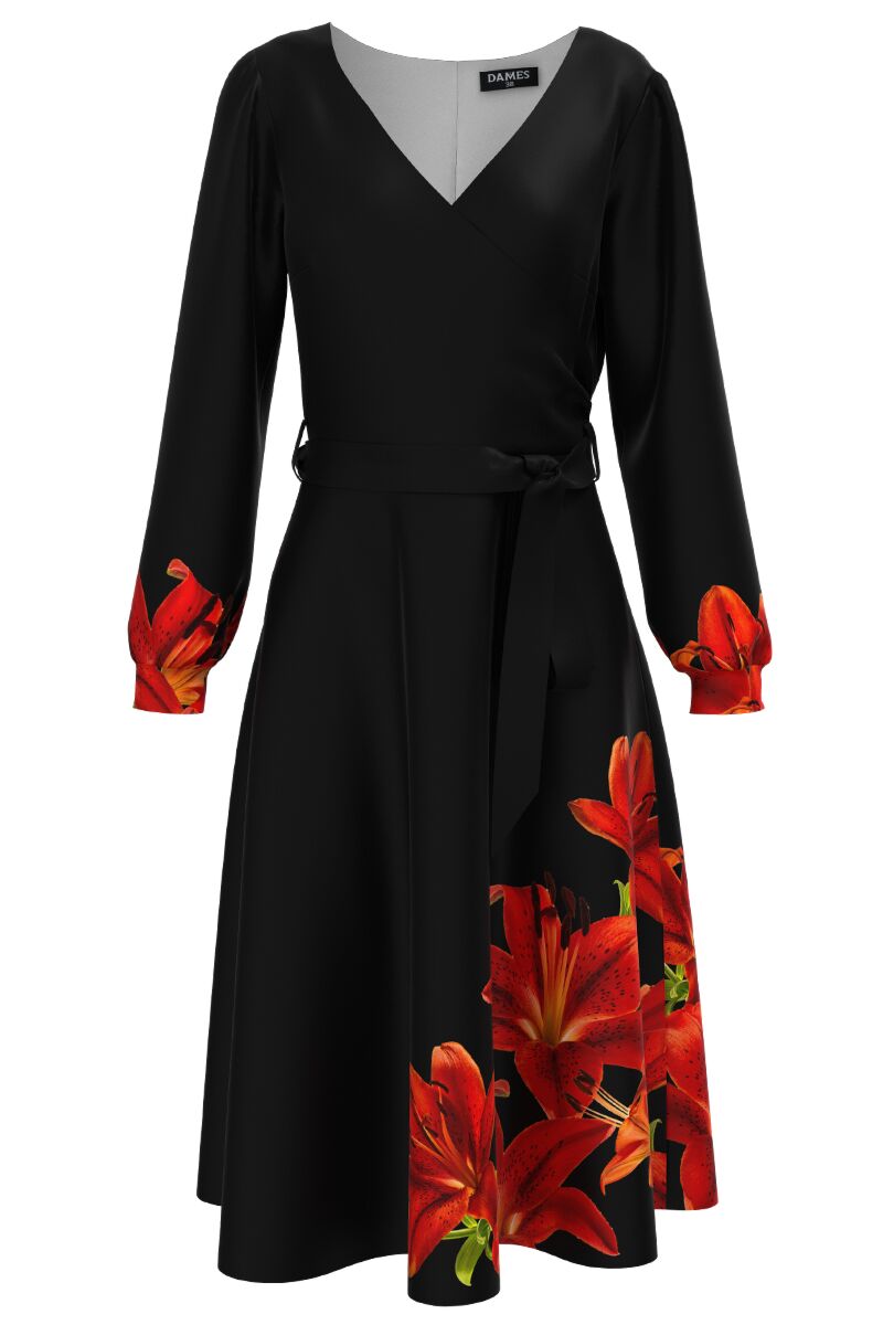 Rochie DAMES eleganta neagra cu maneca lunga imprimata Crini rosii 