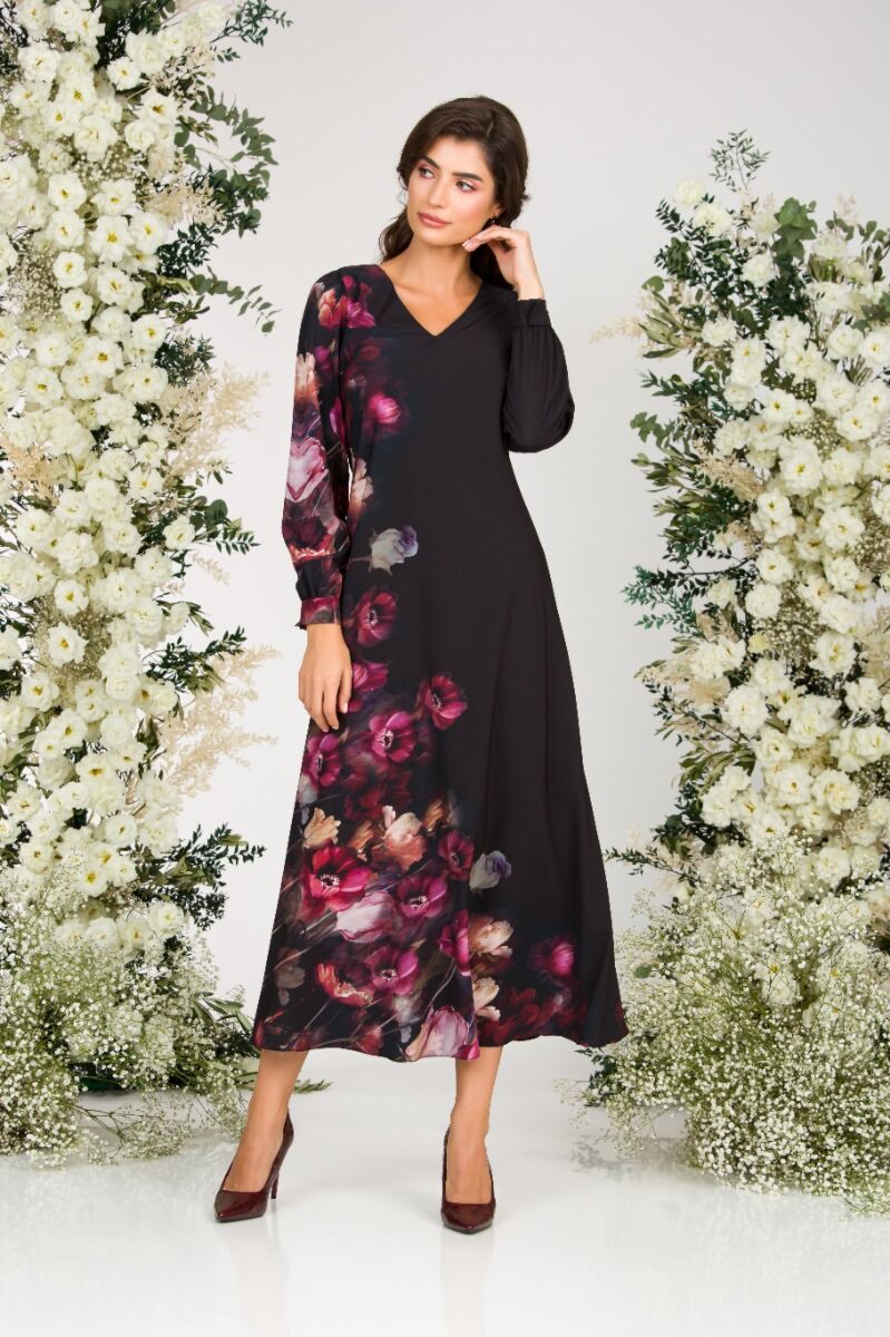 Rochie eleganta neagra cu maneca lunga si imprimeu Floral CMD1401
