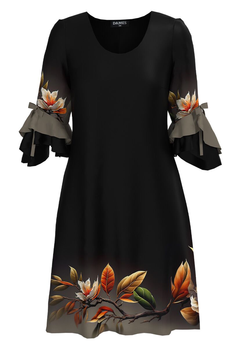 Rochie DAMES eleganta neagra cu un imprimeu floral si maneci trei sferturi cu volane 