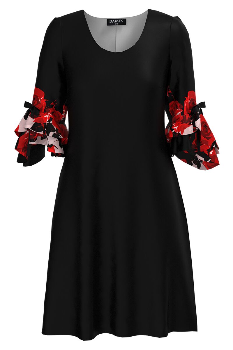 Rochie DAMES eleganta neagra cu un imprimeu trandafiri si maneci trei sferturi cu volane 