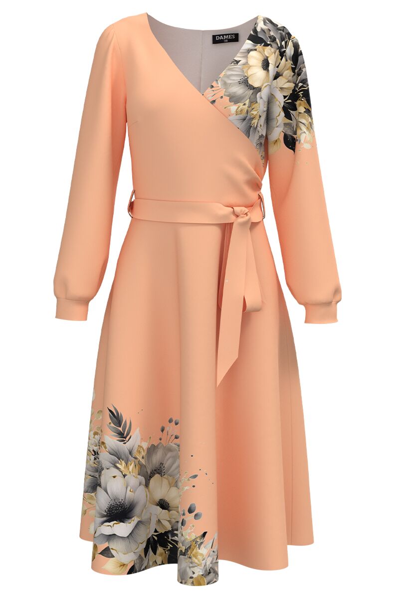 Rochie DAMES eleganta Peach Fuzz  cu maneca lunga imprimata cu model floral  