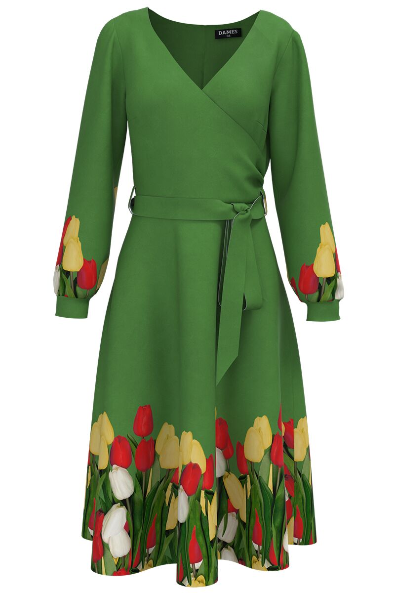 Rochie DAMES eleganta verde cu maneca lunga imprimata Lalele 