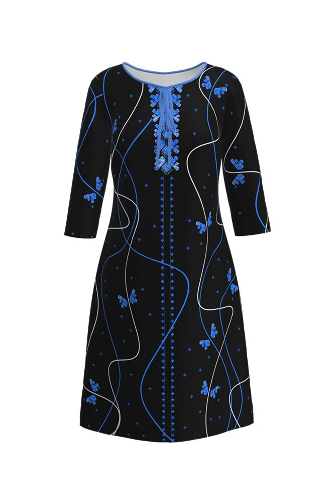 rochie DAMES neagra cu print traditional albastru