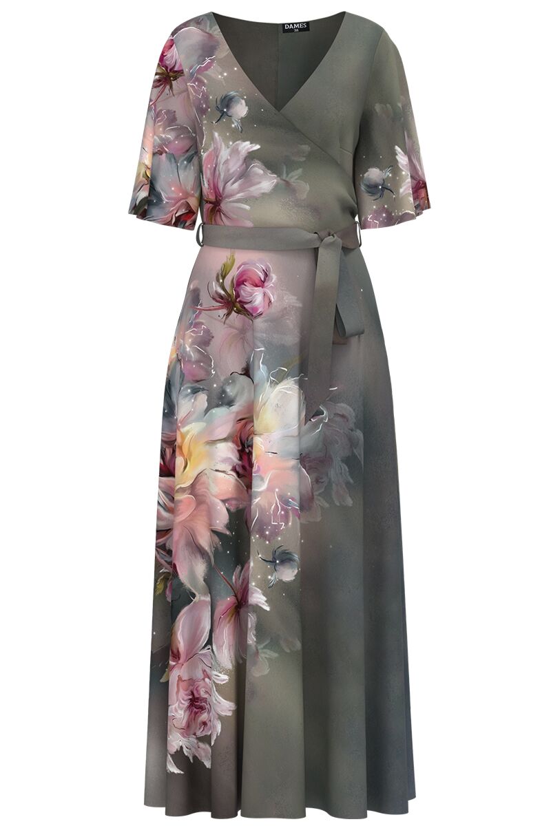 Rochie in nuante de gri lunga eleganta de seara imprimata floral  CMD4130