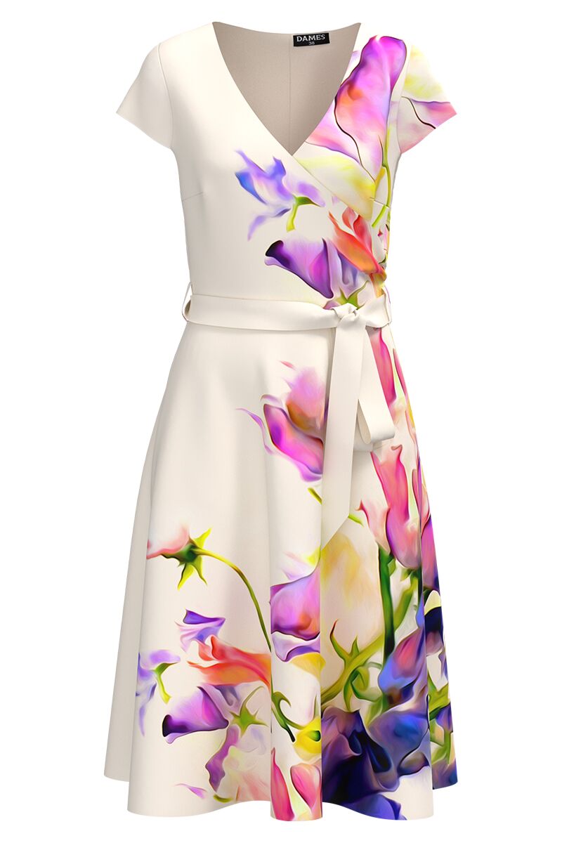 Rochie ivory eleganta de vara cu maneca scurta imprimata floral pastel  CMD4360