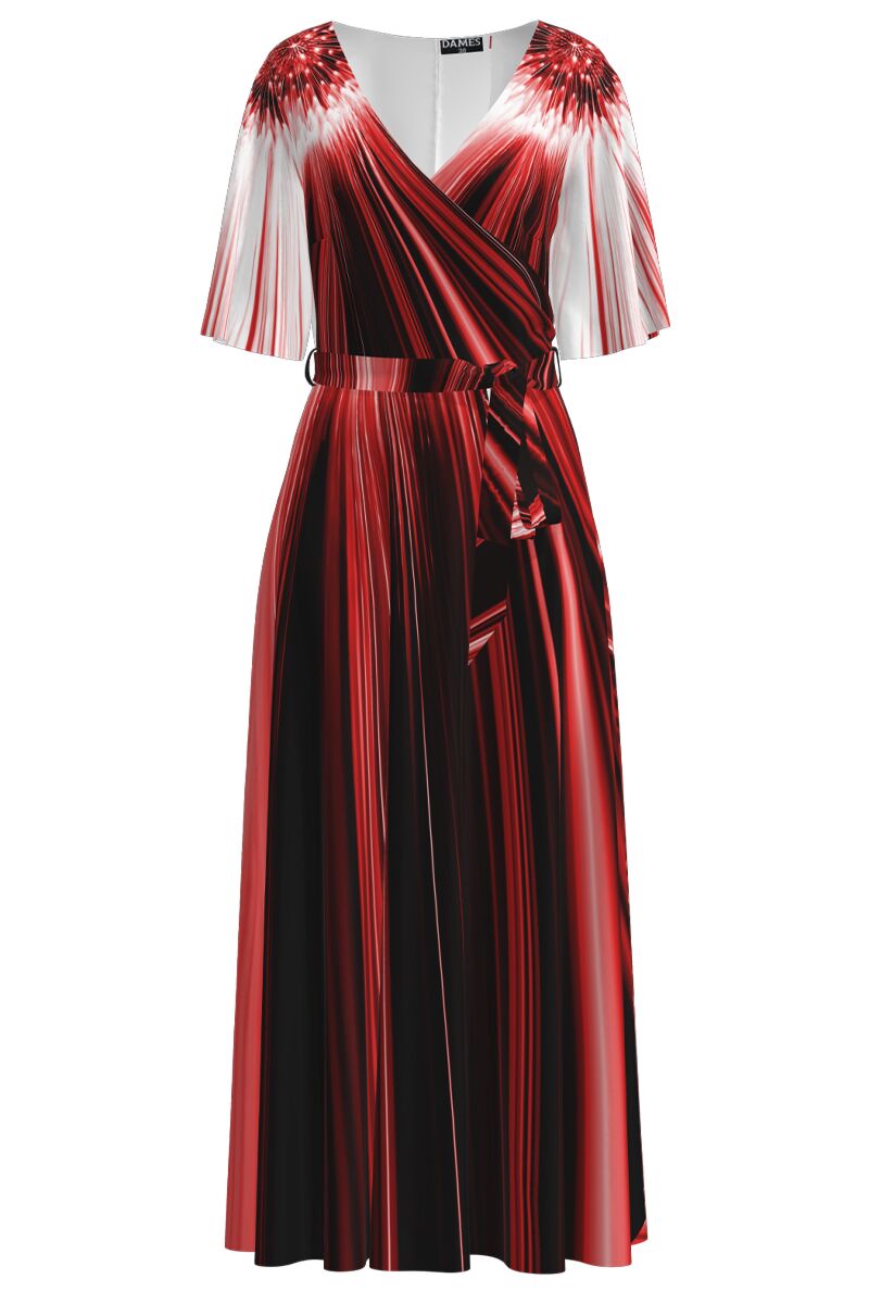 Rochie lunga eleganta de seara imprimata digital in nuante de rosu CMD2637
