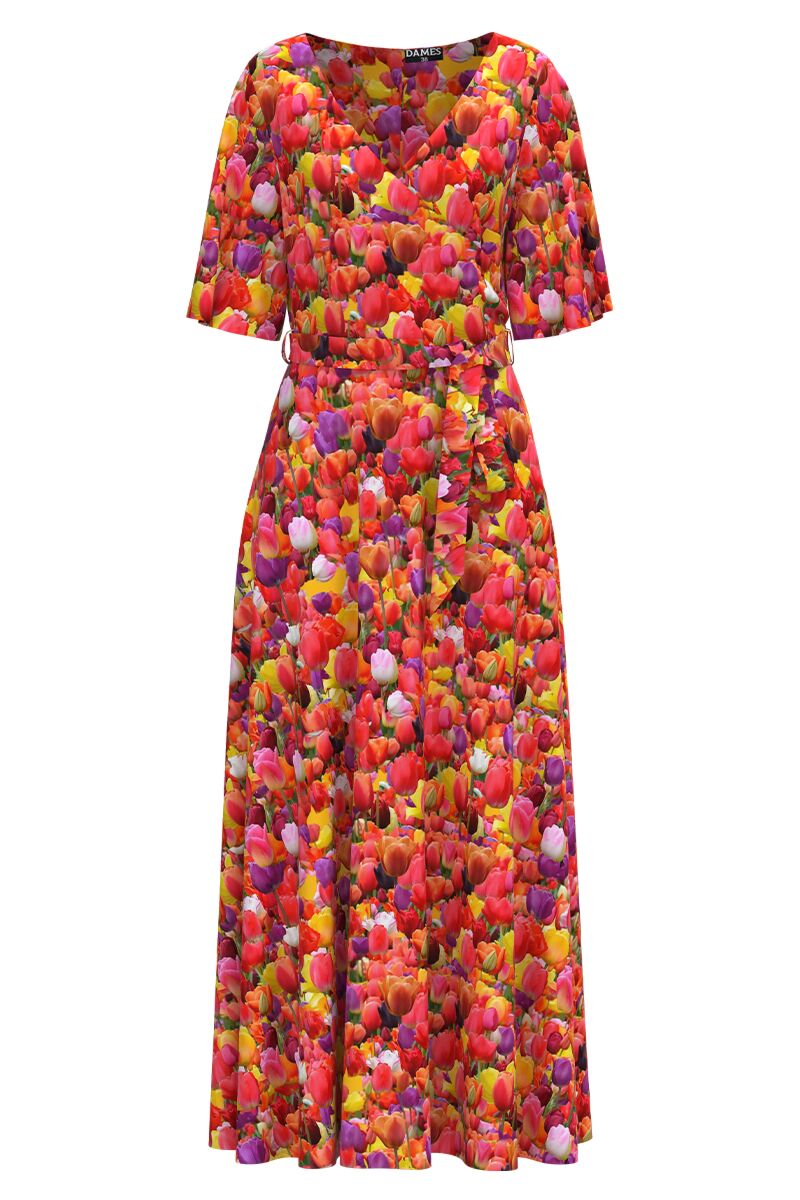 Rochie lunga eleganta de seara imprimata Lalele multicolore  CMD3677