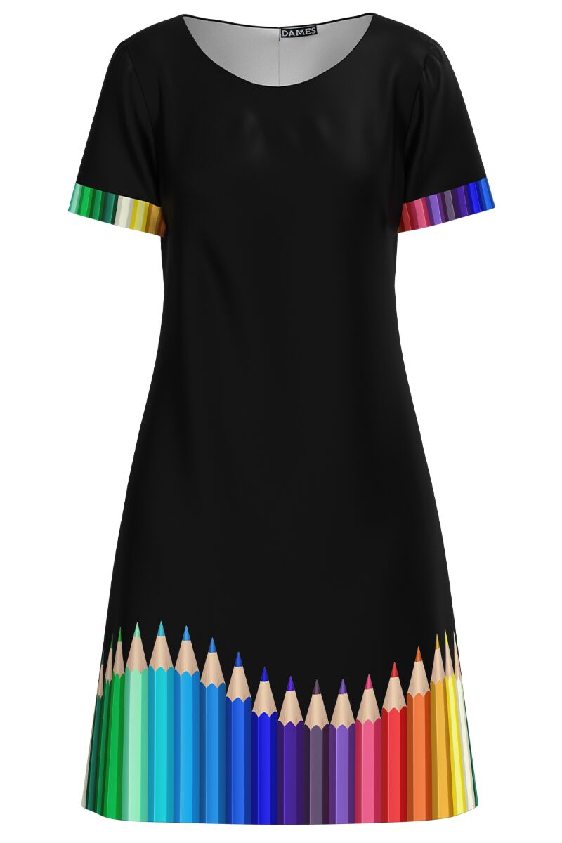 Rochie neagra casual de vara cu maneca scurta Creioane colorate   CMD4601