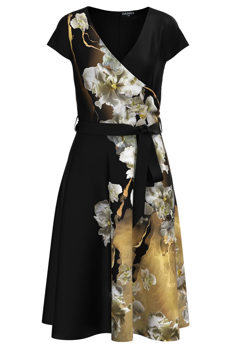 Rochie neagra de vara cu maneca scurta imprimata cu model floral   CMD4219