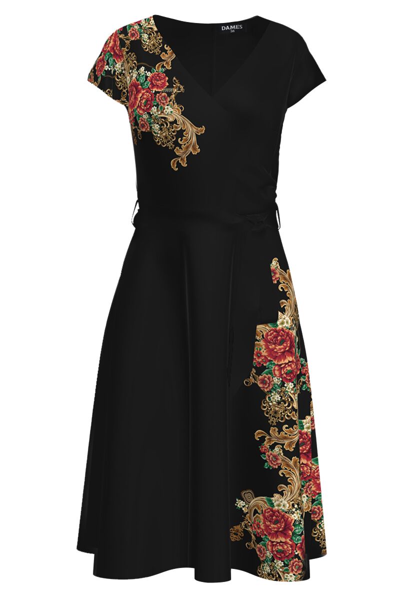 Rochie neagra de vara cu maneca scurta imprimata cu model floral    CMD4325