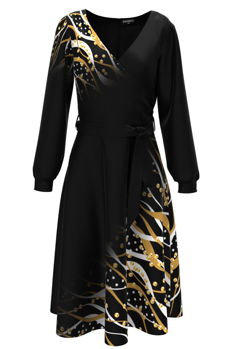 Rochie neagra eleganta cu maneca lunga imprimata cu model Abstract CMD3058