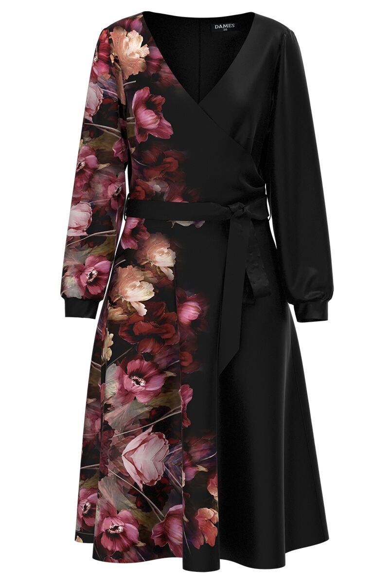 Rochie DAMES neagra eleganta cu maneca lunga imprimata cu model floral.