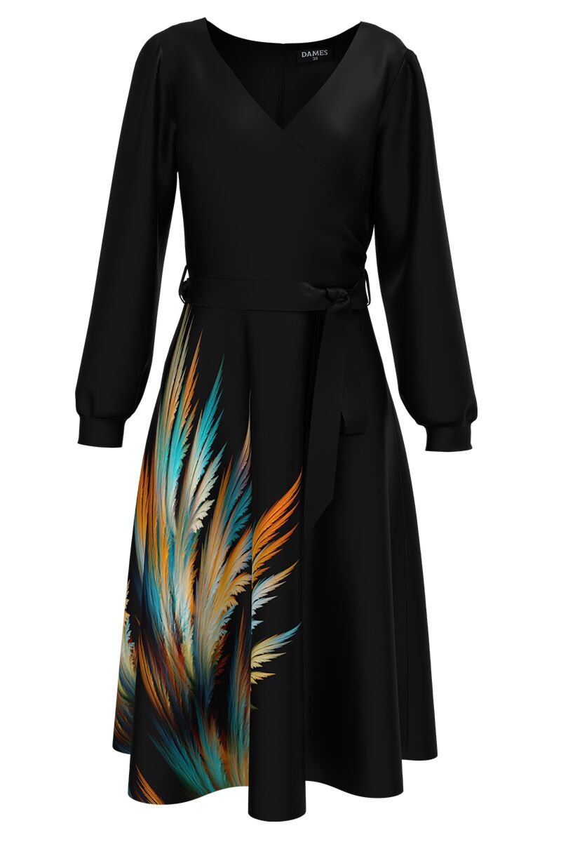 Rochie DAMES neagra eleganta cu maneca lunga imprimata cu model multicolor 