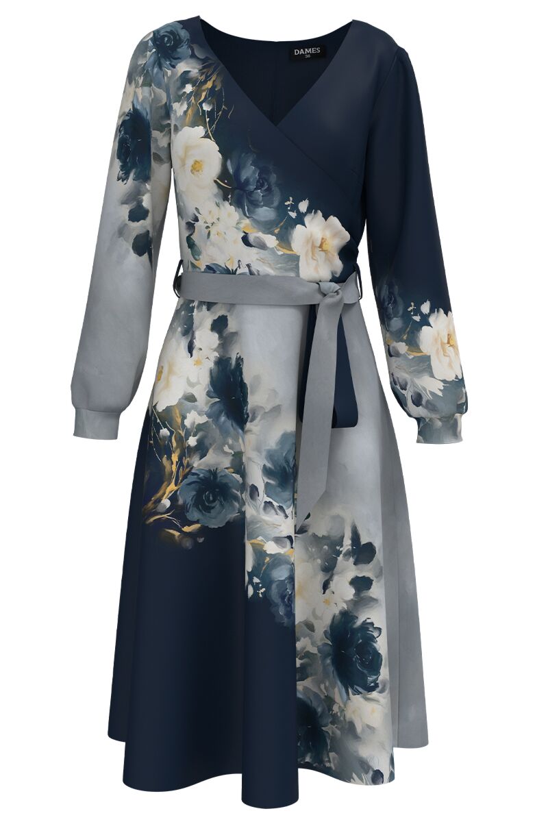 Rochie DAMES bleumarin eleganta cu maneca lunga imprimata floral  
