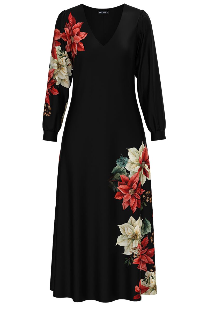 Rochie neagra eleganta cu maneca lunga imprimata floral CMD4945