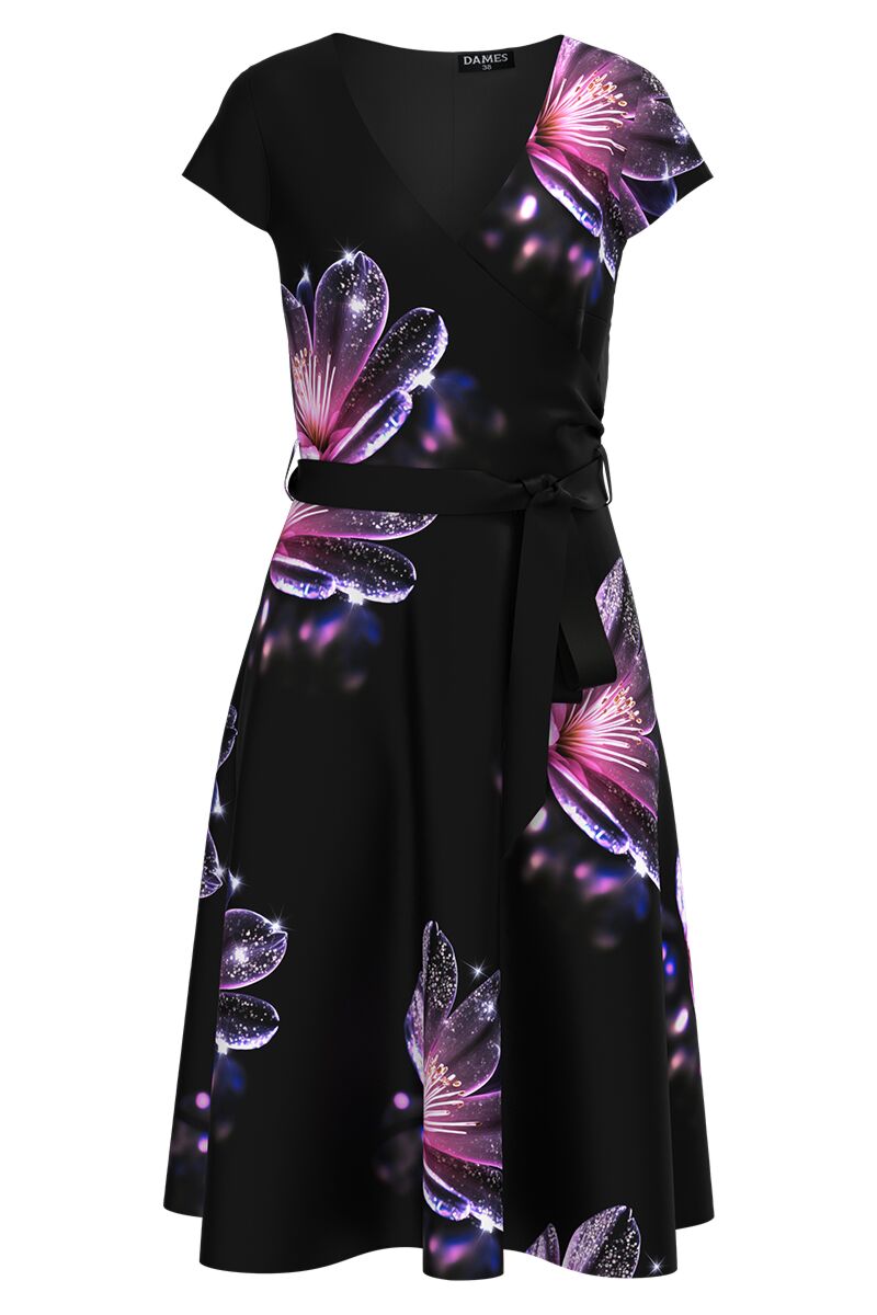 Rochie neagra eleganta de vara cu maneca scurta imprimata floral   CMD4350