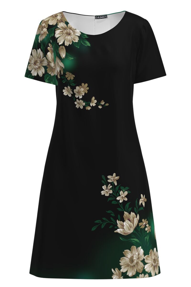 Rochie neagra evazata imprimata cu model Floral CMD2684