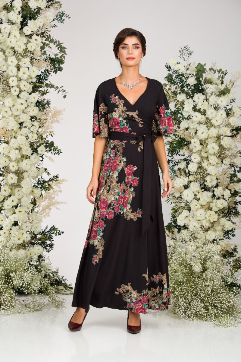 Rochie DAMES  neagra lunga eleganta de seara imprimata digital cu model Floral 