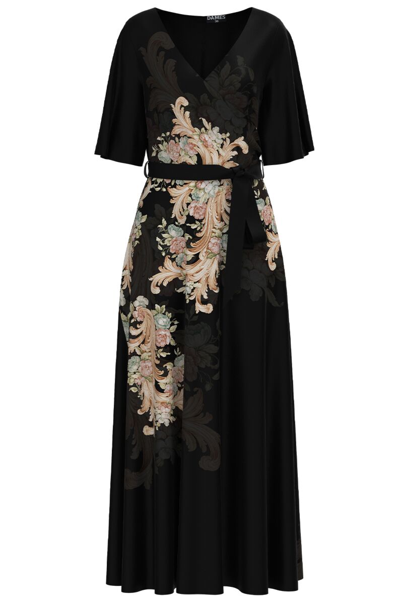 Rochie DAMES neagra lunga eleganta de seara imprimata cu model floral 