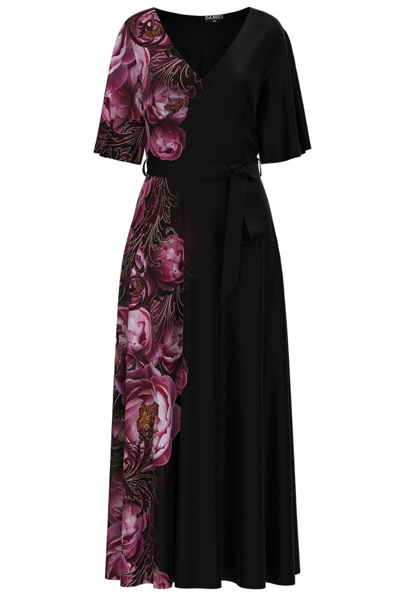 Rochie neagra lunga eleganta de seara imprimata cu model floral  CMD2593