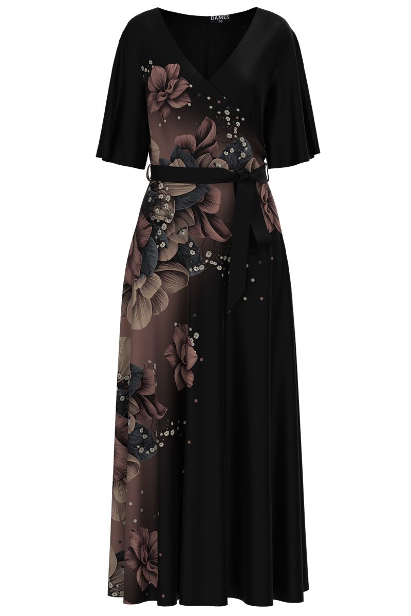 Rochie neagra lunga eleganta de seara imprimata cu model floral  CMD2594