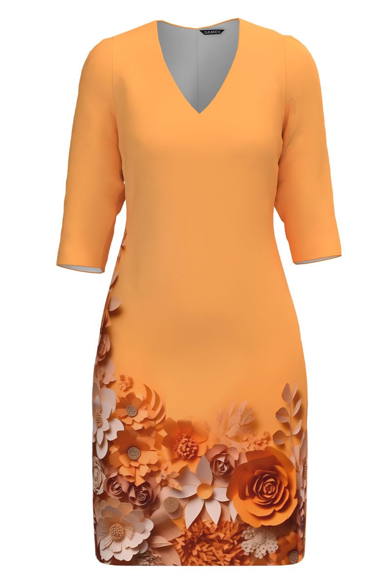 Rochie DAMES portocalie casual cu decolteu in V imprimata floral  