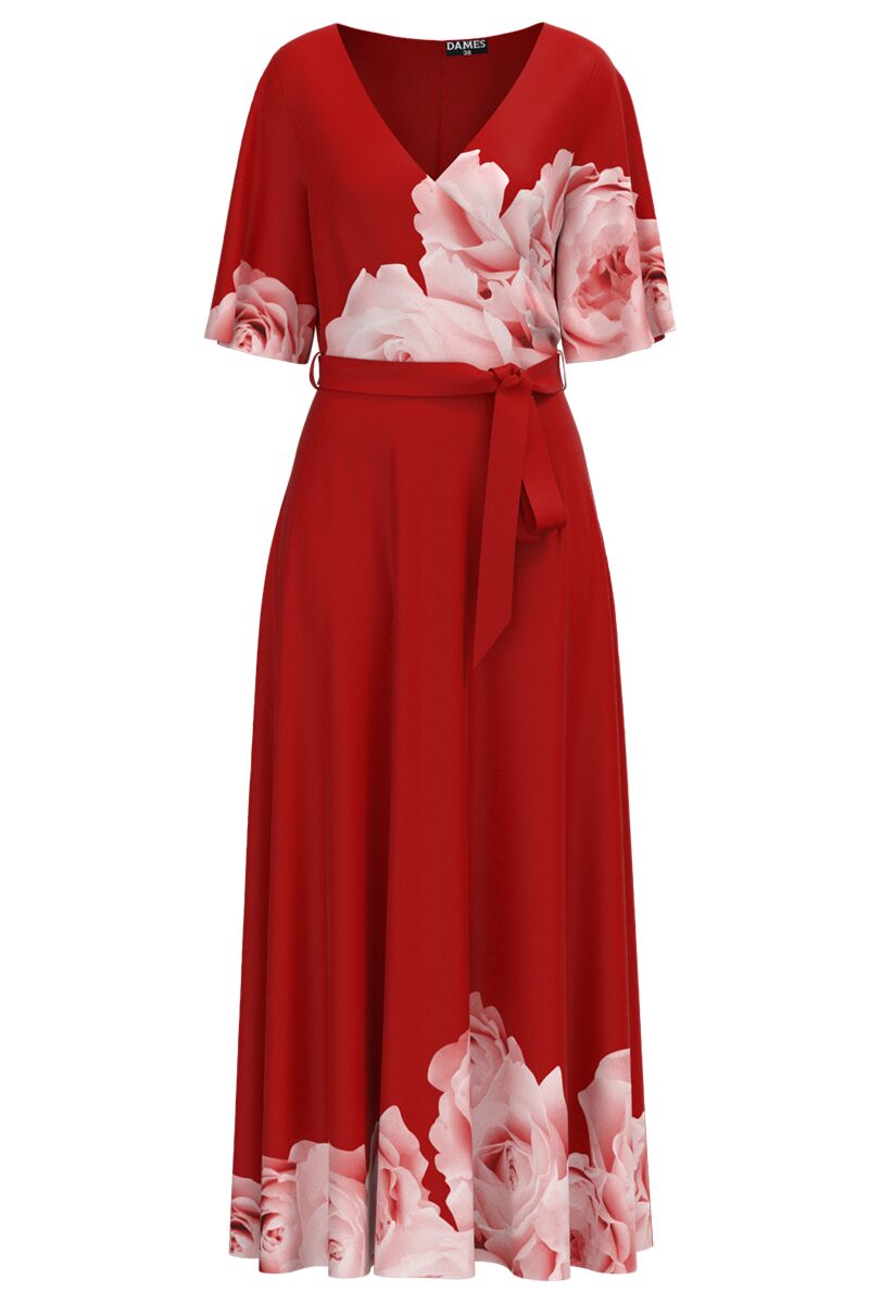 Peave Melodious aspect Rochie rosie lunga eleganta de seara imprimata cu model Floral CMD2298