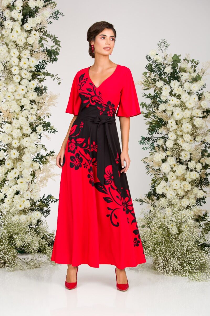 Rochie rosie lunga eleganta de seara imprimata cu model floral negru CMD2919
