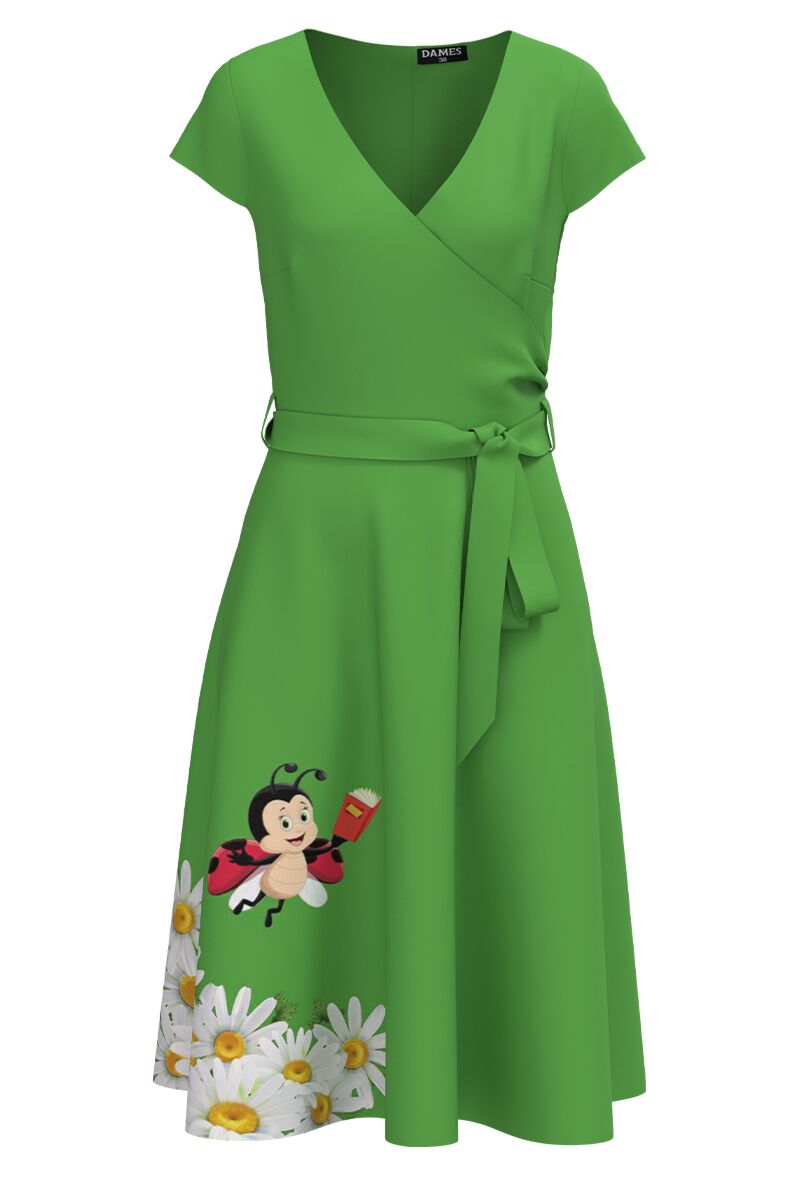 Rochie DAMES verde de vara cu maneca scurta imprimata cu model Buburuza