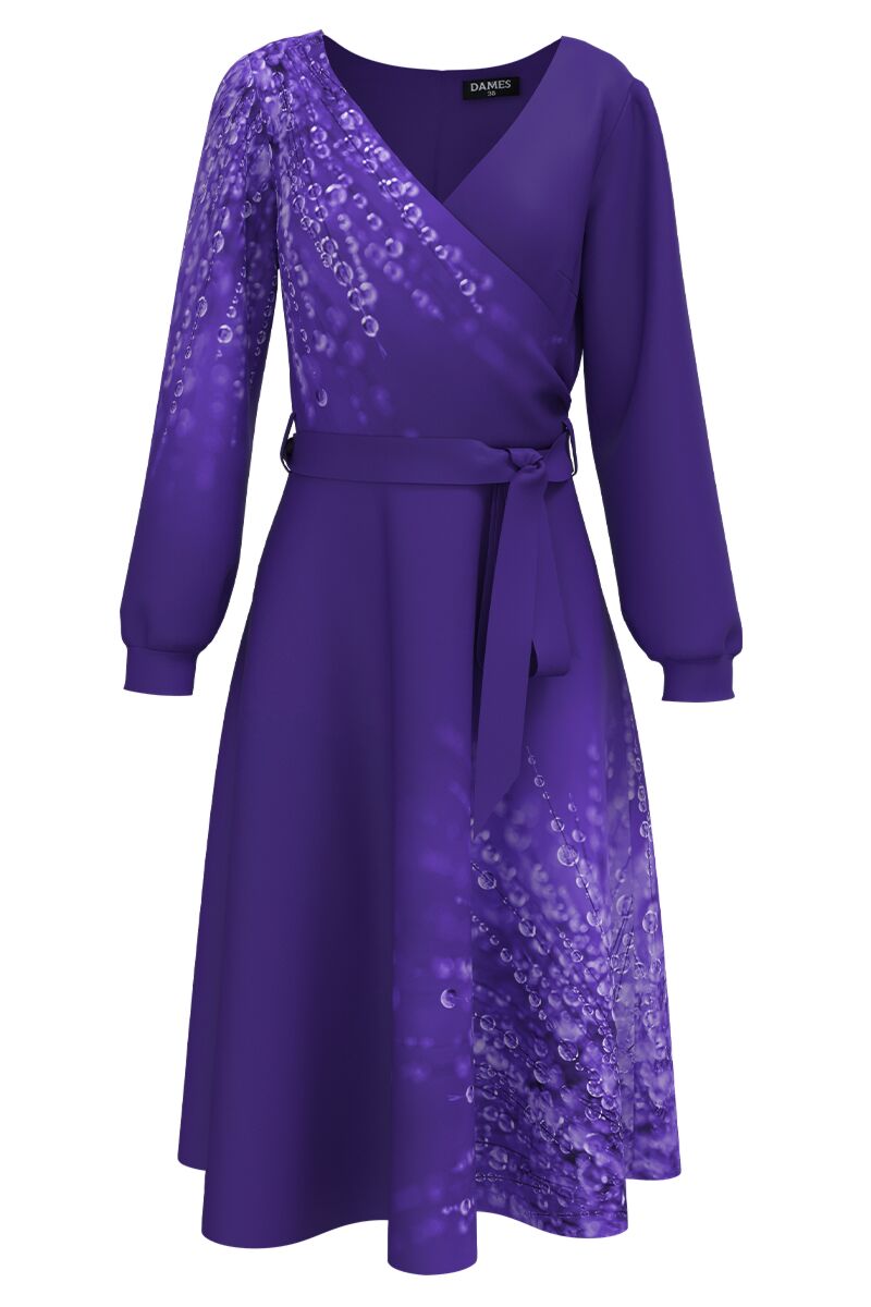 Rochie violet eleganta cu maneca lunga imprimata Picaturi de roua  CMD4334