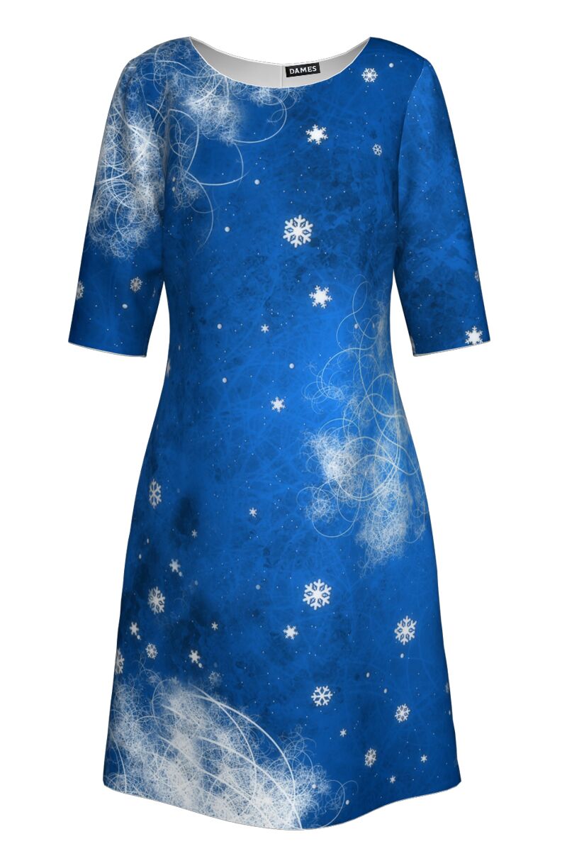 Rochie dames albastra cu maneca trei sferturi imprimata Craciun cu stele de gheata rochie Frozen