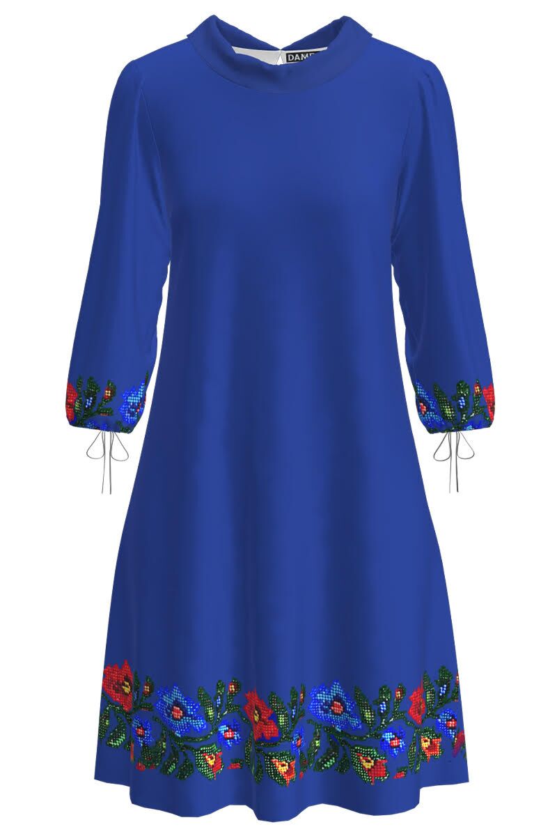 Rochie DAMES casual albastra cu maneca trei sferturi imprimata cu model floral traditional