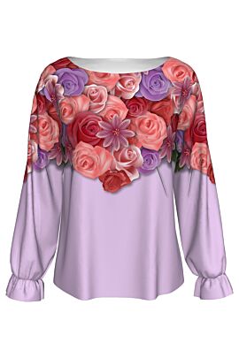 Bluză DAMES lila cu flori imprimată digital, model specific Zilei Îndrăgostiţilor.
