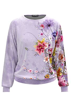 Bluza DAMES lila tip hanorac din catifea cu imprimeu floral 
