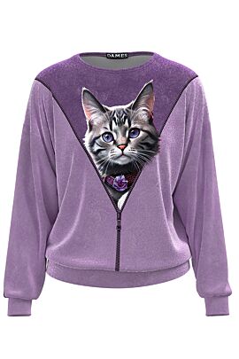 Bluza DAMES violet tip hanorac din catifea cu imprimeu Pisica  