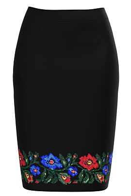 Fusta DAMES conica neagra imprimata cu model floral traditional 
