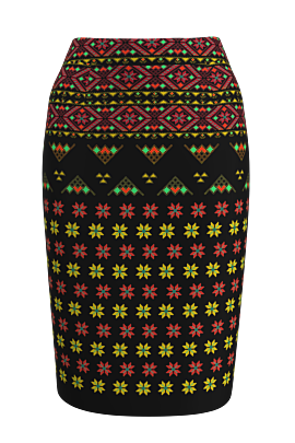 Fusta DAMES conica neagra imprimata cu motive traditionale romanesi multicolore