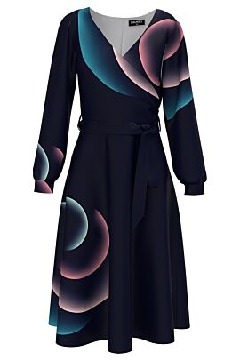 Rochie DAMES bleumarin eleganta cu maneca lunga imprimata multicolor 