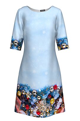 rochie DAMES casual bleu cu maneca trei sferuri,imprimata cu globuri de Craciun