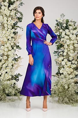 Rochie DAMES albastru violet eleganta cu maneca lunga imprimata digital 