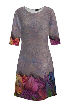 rochie DAMES de craciun cu maneca trei sferturi imprimata in nuante de mov frunze multicolore